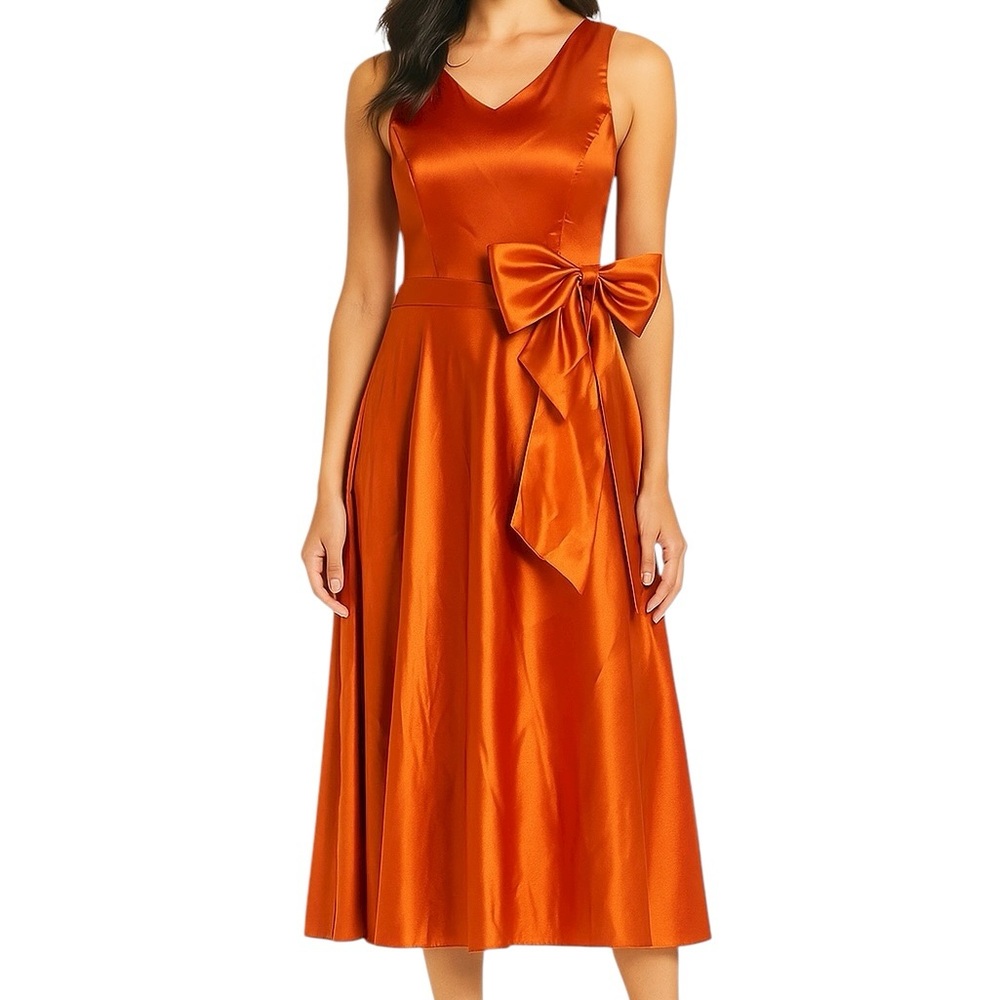 Miss Veil Burnt Orange Satin Midi Dress w/ Bow Waist Corset w/ Pockets Sz XL 1X